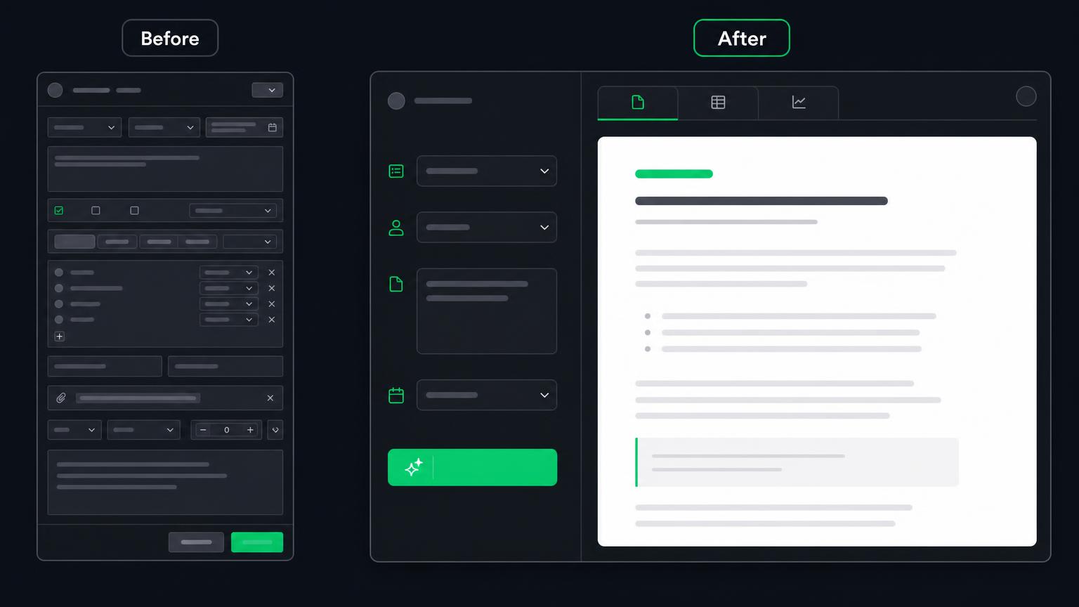 Before and after view of a guided workflow with a readable finished document