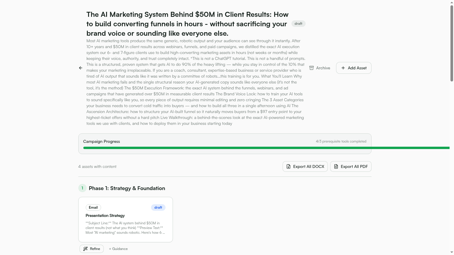 A Marketing Vault campaign workspace with assets, progress and export controls