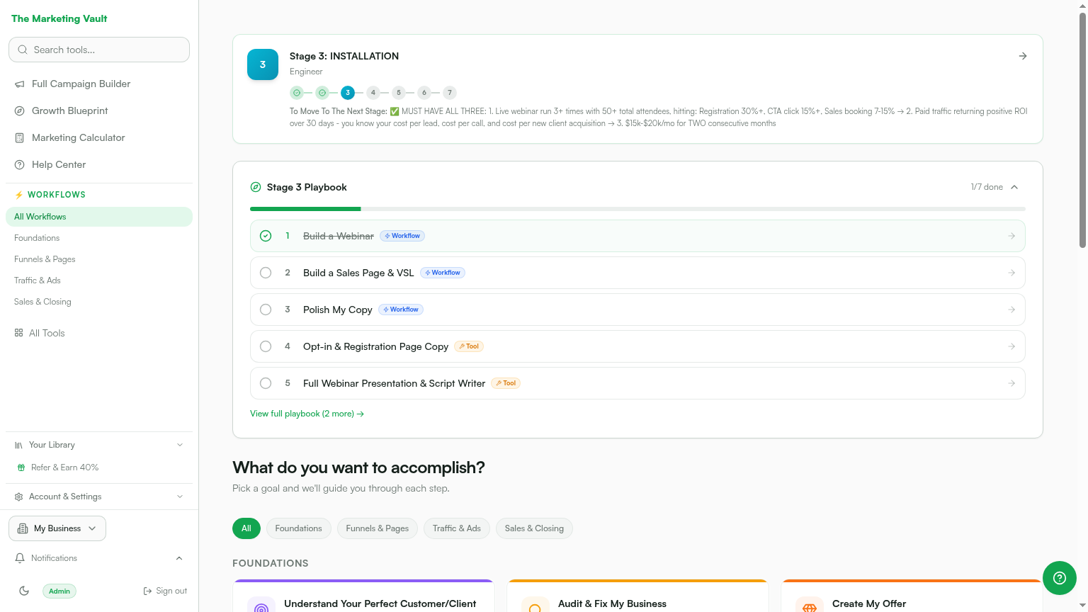 The Marketing Vault Business workspace with workflows organized around one Business profile
