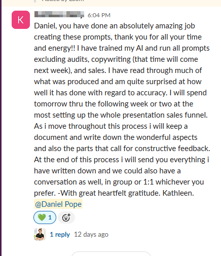 Client testimonial screenshot - 5-star review highlighting the accuracy of The Marketing Vault AI-powered marketing outputs
